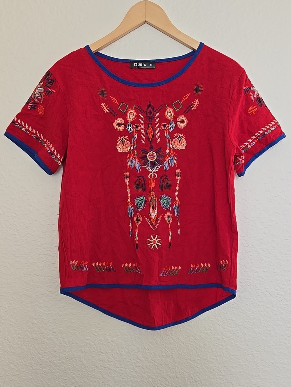 Izuria Red Embroidered Bohemian Cotton blend Short Sleeve Top
